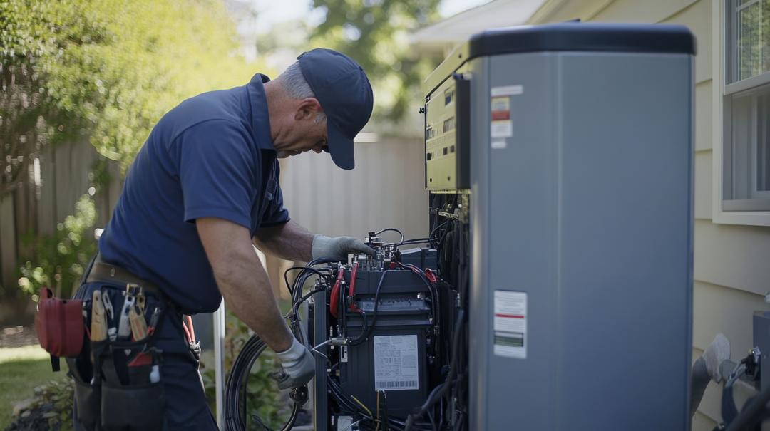 Technician servicing a standby generator outside a building