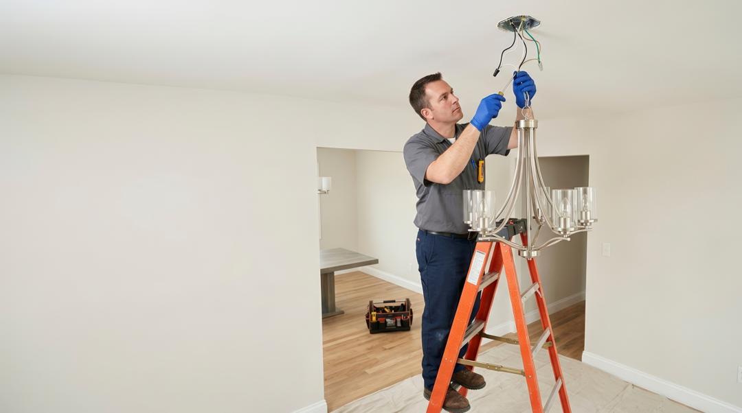 Electrician installing a light fixture in a home