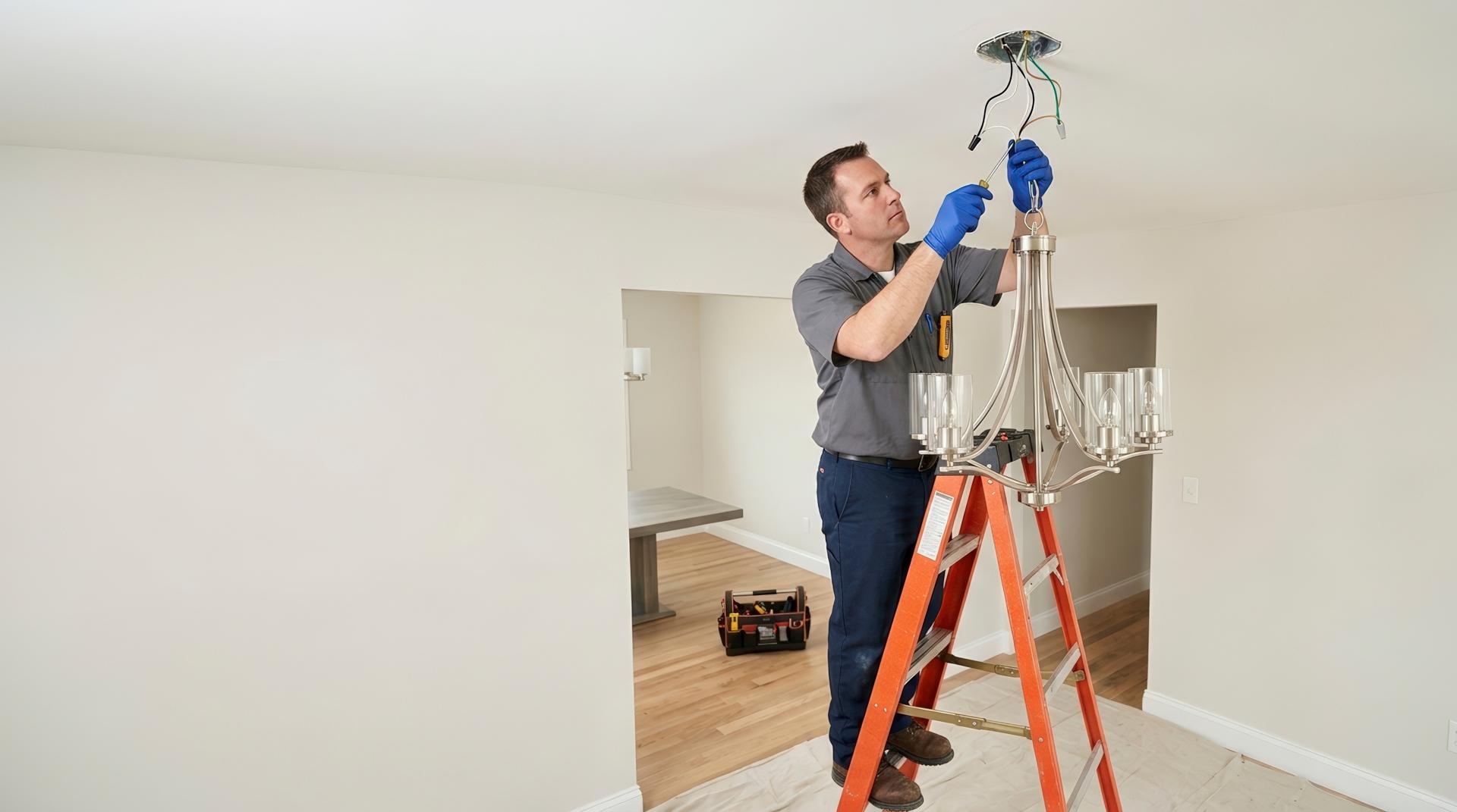Oswalt Electric electrician installing a light fixture in a home