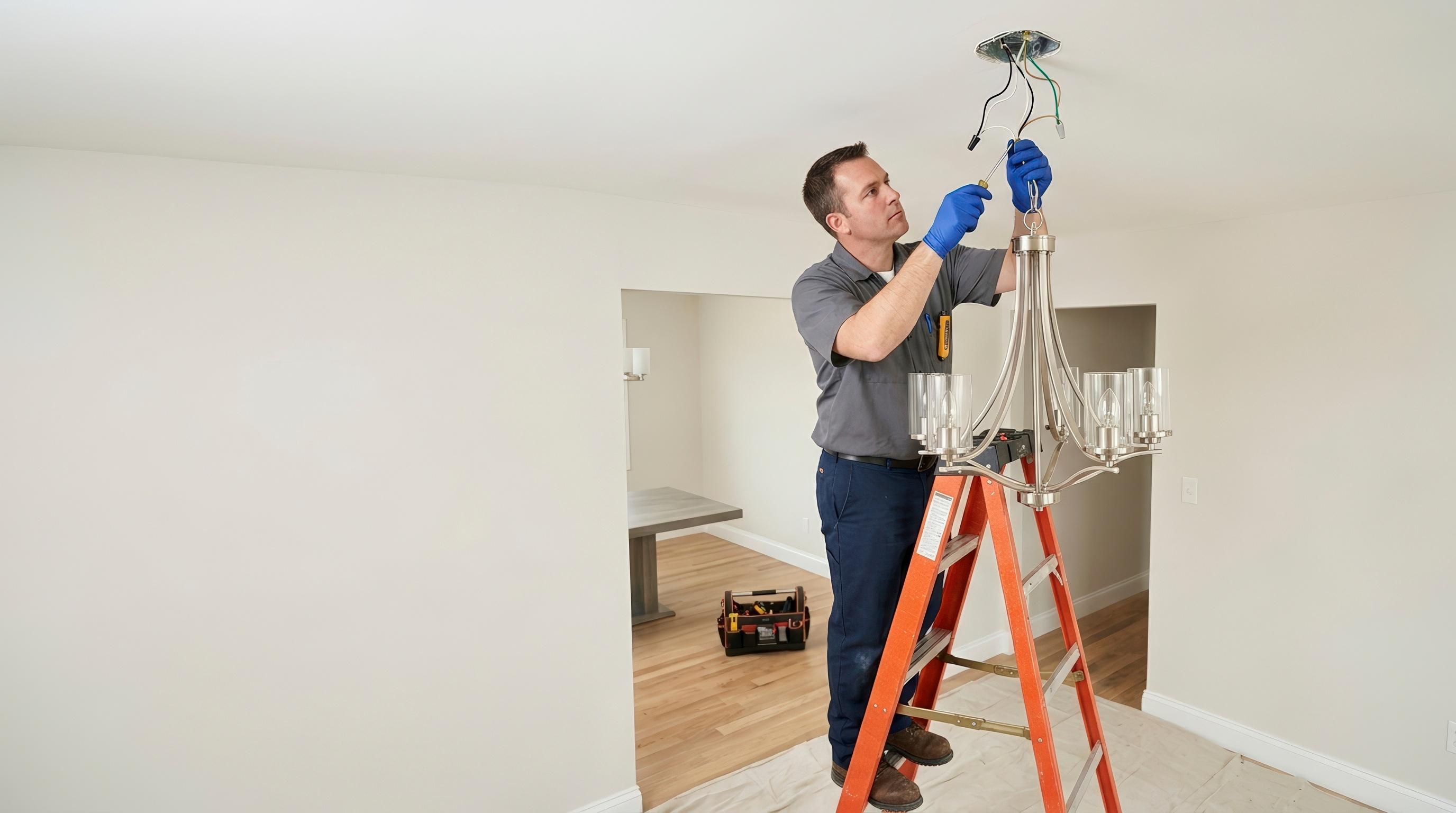 Electrician installing a light fixture in a home